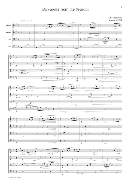 Tchaikowsky Barcarolle from the Seasons, for string quartet, CT014 (arr. FCMUSIC)
