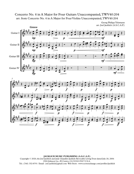 Concerto No. 4 in A Major for Four Guitars Unaccompanied, TWV40:204 (arr. Joel Jacklich (ASCAP))