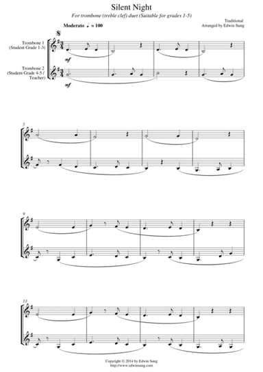 Silent Night (for trombone duet (treble clef), suitable for grades 1-5) (arr. Edwin Sung)