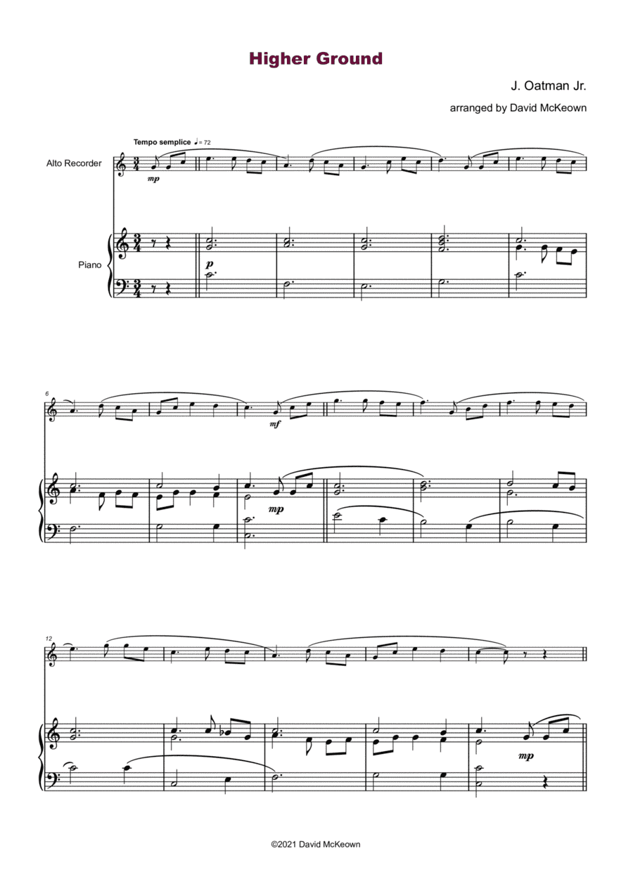 Higher Ground, Gospel Hymn for Alto Recorder and Piano (arr. David McKeown)