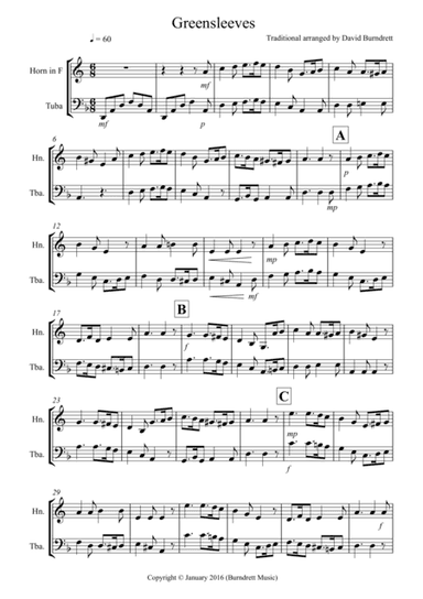 Greensleeves for French Horn and Tuba Duet (arr. David Burndrett)
