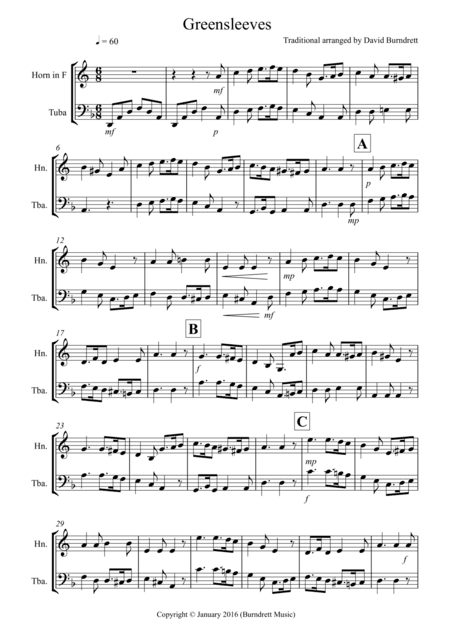 Greensleeves for French Horn and Tuba Duet (arr. David Burndrett)