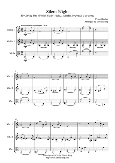 Silent Night (string trio (violin-violin-viola),grades >3,part scores included) (arr. Edwin Sung)