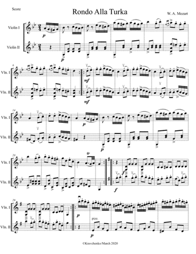 Wolfgang Amadeus Mozart - Rondo Alla Turca (Turkish March) arr. for violin duo (score and parts) (arr. Julia Samarska)