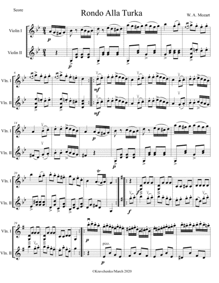 Wolfgang Amadeus Mozart - Rondo Alla Turca (Turkish March) arr. for violin duo (score and parts) (arr. Julia Samarska)