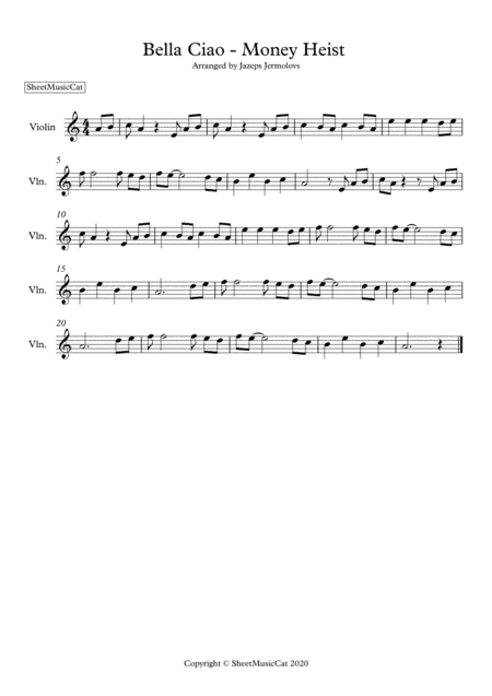 Bella Ciao from Netflix Money Heist Violin Sheet Music (arr. Jazeps Jermolovs)