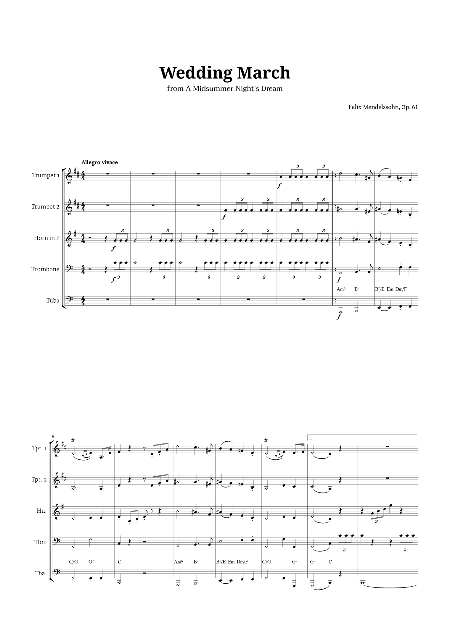 Wedding March by Mendelssohn for Brass Quintet with Chords (arr. Langanho)