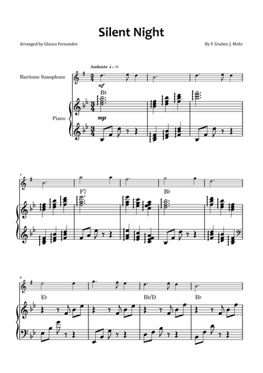 Silent Night - Baritone saxophone and piano with chord symbols (arr. Glauco Fernandes)
