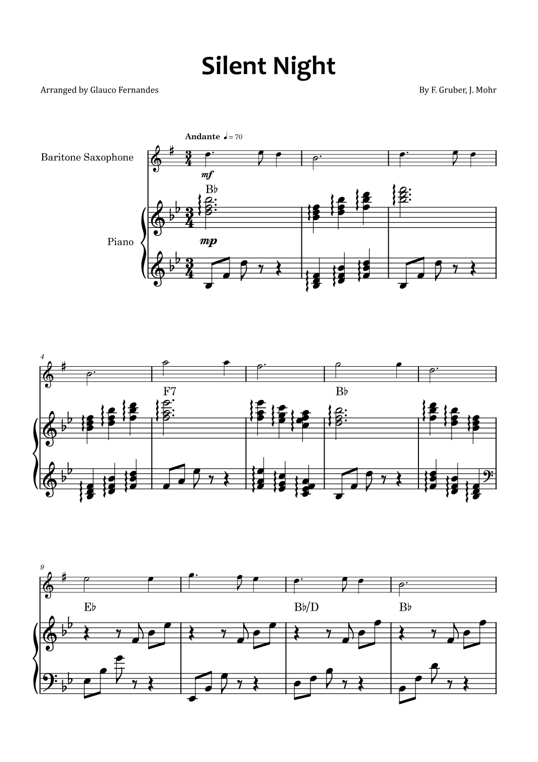 Silent Night - Baritone saxophone and piano with chord symbols (arr. Glauco Fernandes)