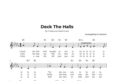 Deck The Halls (Key of D-Flat Major) (arr. R. Salvario)