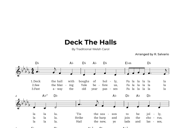 Deck The Halls (Key of D-Flat Major) (arr. R. Salvario)