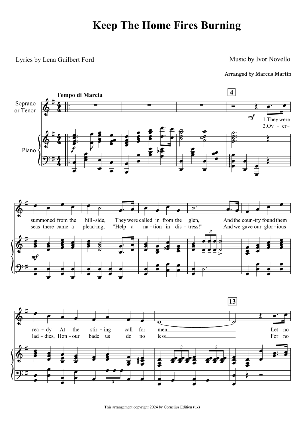 Keep the Home Fires Burning. Song with Piano Accompaniment (arr. Marcus Martin)