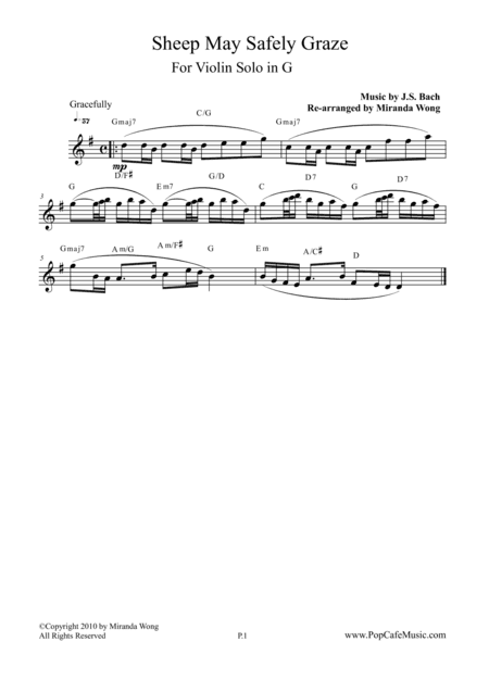 Sheep May Safely Graze in G - Lead Sheet for Violin Solo (arr. Miranda Wong)