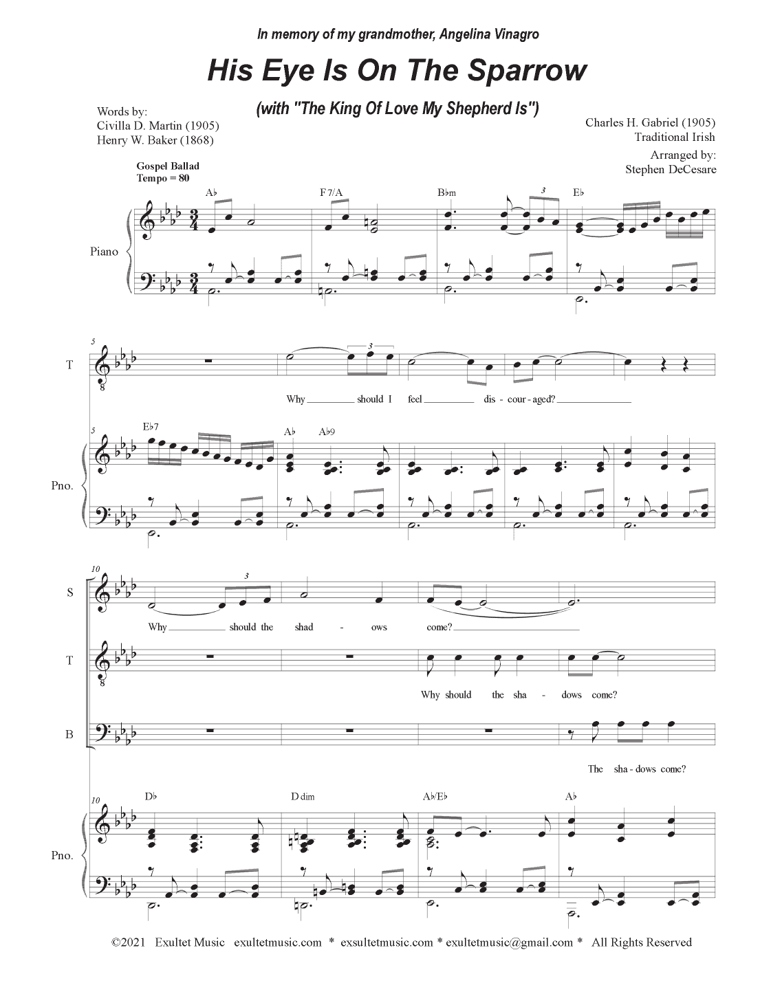 His Eye Is On The Sparrow (with "The King Of Love My Shepherd Is") (Vocal Quartet - (SATB) (arr. Stephen DeCesare)