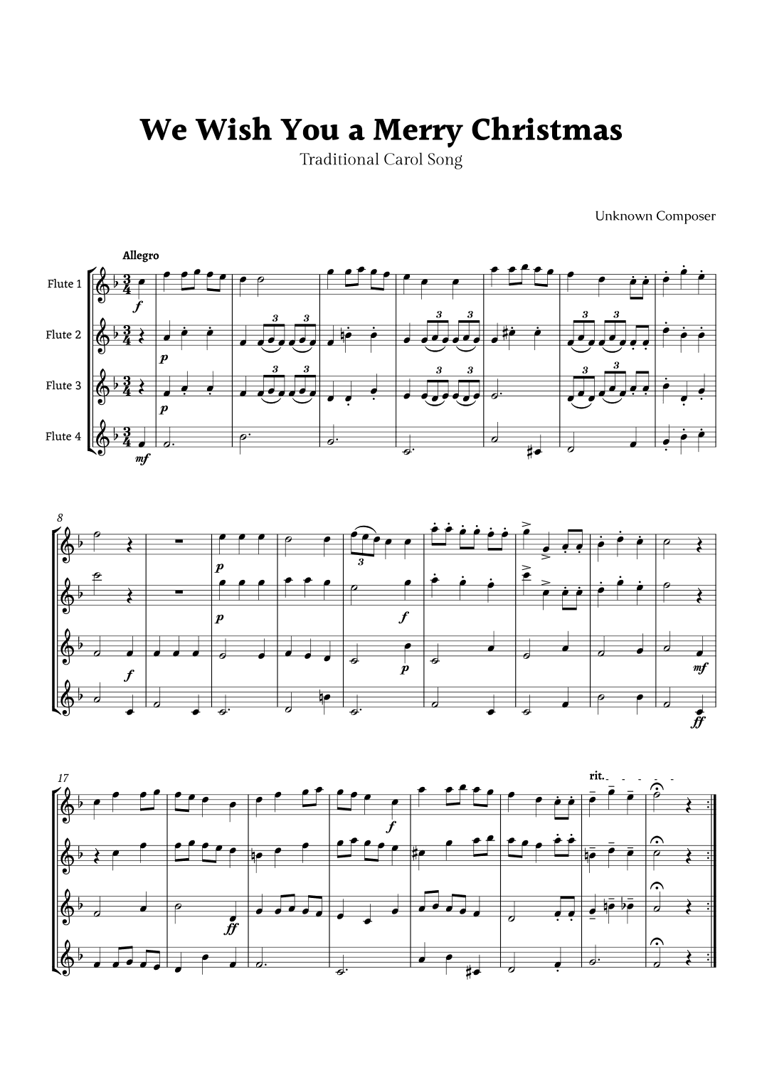 We Wish you a Merry Christmas for Flute Quartet (arr. Rika K.)