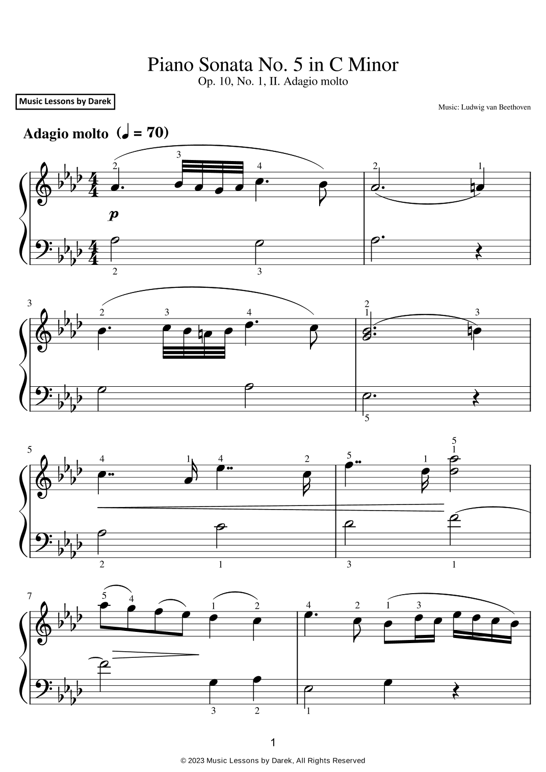 Piano Sonata No. 5 in C Minor (EASY PIANO) Op. 10, No. 1, II. Adagio molto [Ludwig van Beethoven] (arr. Darek)