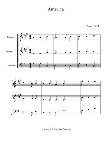 Patriotic Hymns For Brass Trio - 2 Trumpets and Trombone (arr. Case Studio Productions)