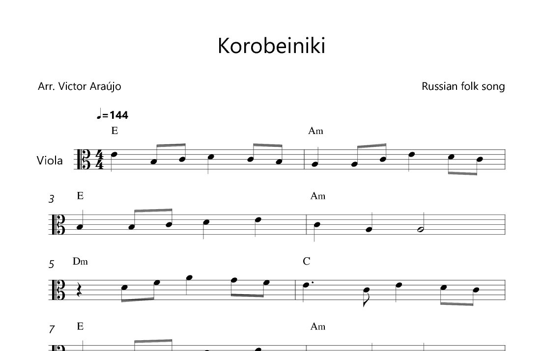 Korobeiniki  (from Tetris) - Viola Lead Sheet - with chord symbols (arr. Victor Araújo)