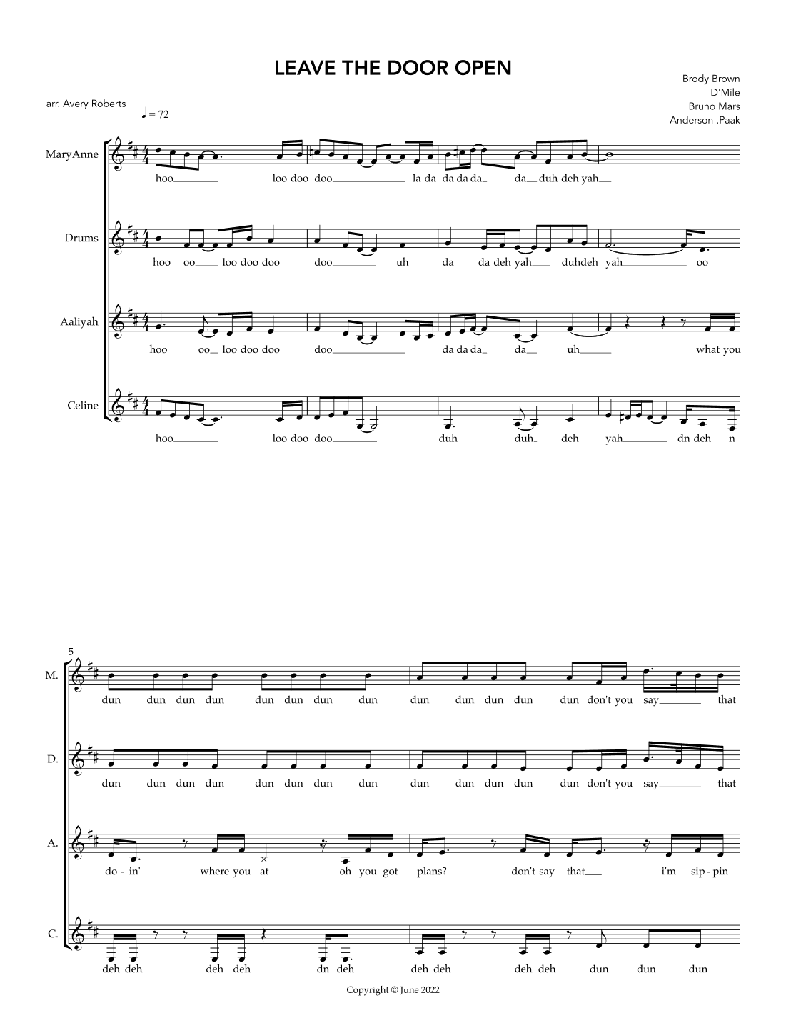 Leave The Door Open (arr. Avery Roberts)
