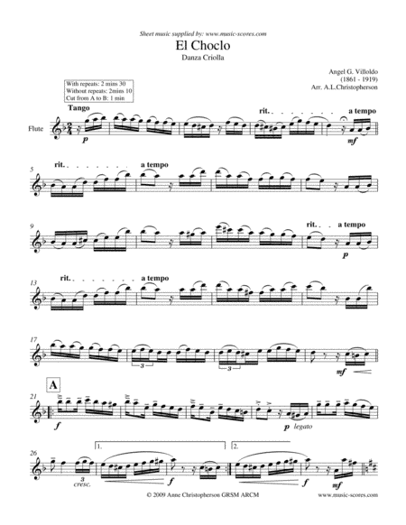 El Choclo - Flute (Unaccompanied) (arr. Anne Christopherson GRSM ARCM)