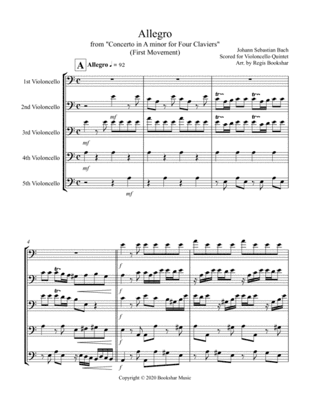 Allegro (from "Concerto for Four Claviers") (A min) (Violoncello Quintet) (arr. Regis Bookshar)