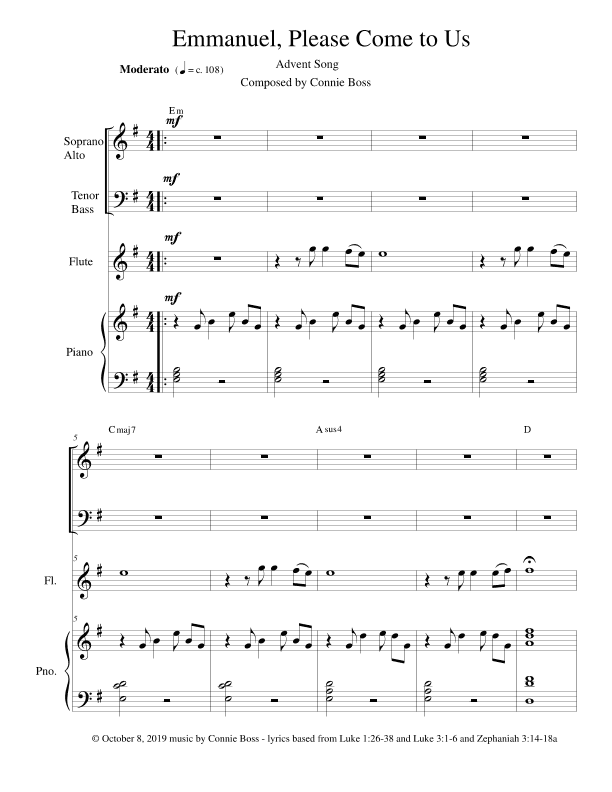 Emmanuel, Please Come to Us - SATB, flute or cello or violin & Piano