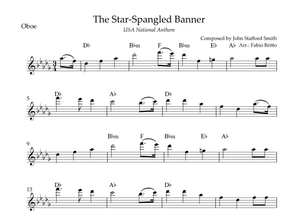 The Star Spangled Banner (USA National Anthem) for Oboe Solo with Chords (Db Major) (arr. Fabio Britto)