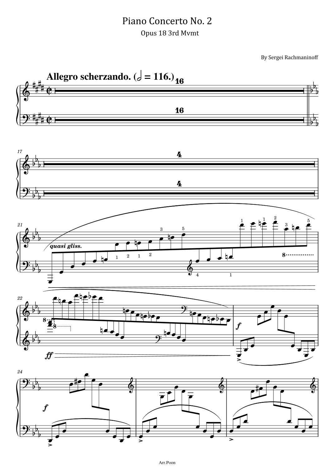 Rachmaninoff - Piano Concerto No. 2 -  Op.18 3rd Mvt - For Piano Solo Original (arr. poon)