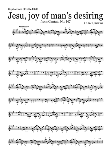 JESU, JOY OF MAN'S DESIRING by Bach - easy version for Euphonium (Treble Clef) and piano with chords (arr. Leyandder Trustworthy)