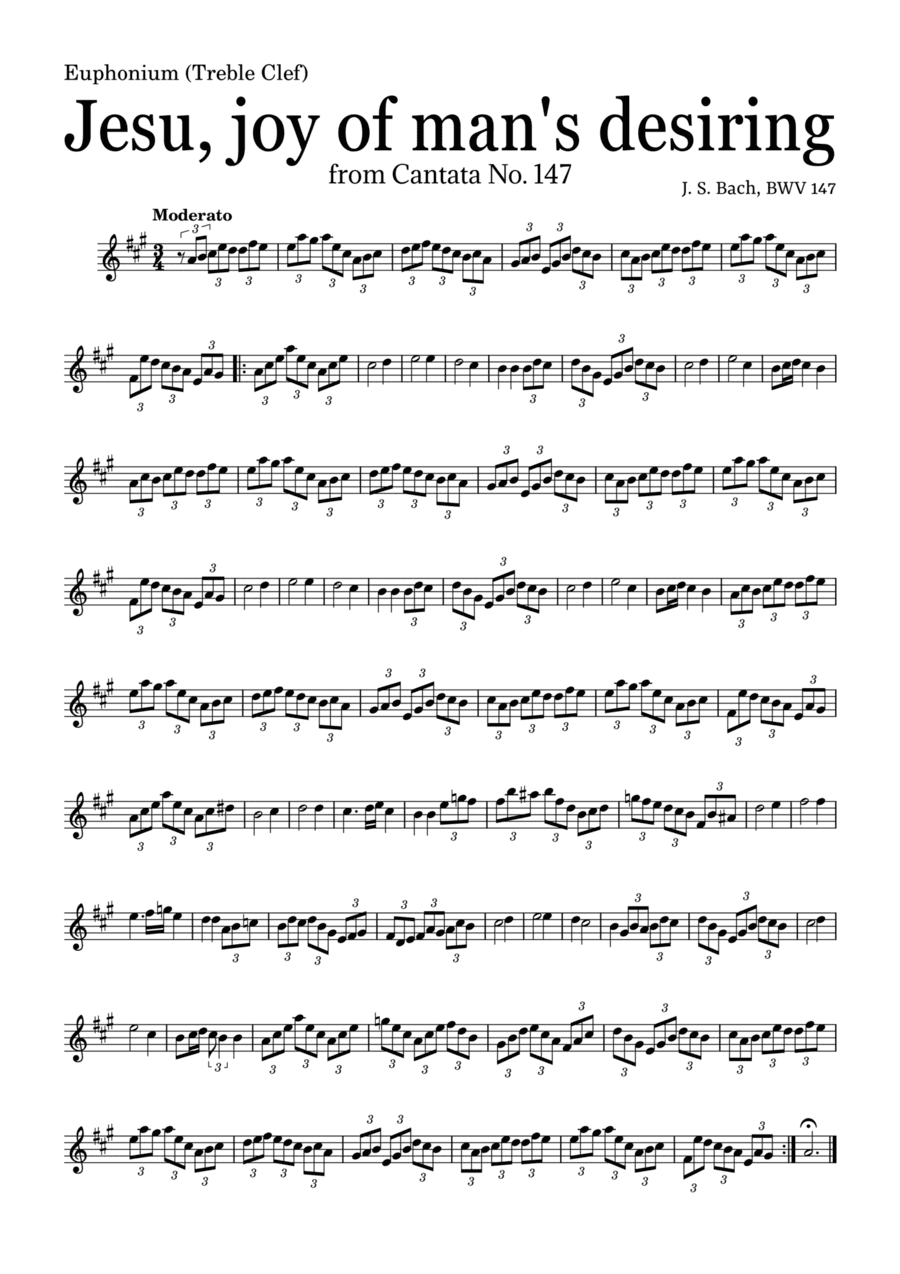 JESU, JOY OF MAN'S DESIRING by Bach - easy version for Euphonium (Treble Clef) and piano with chords (arr. Leyandder Trustworthy)