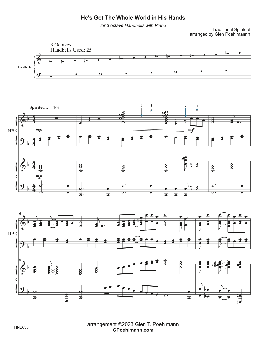 HE'S GOT THE WHOLE WORLD IN HIS HANDS - 3 Octave Handbells with Piano (Grade 3 & 3+) (arr. Glen Poehlmann)