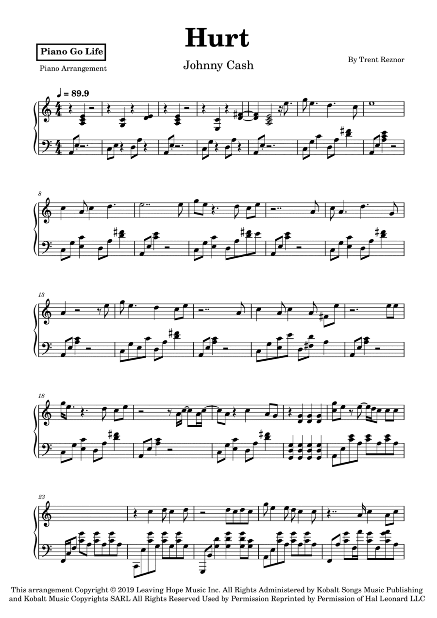 Hurt (arr. Piano Go Life)