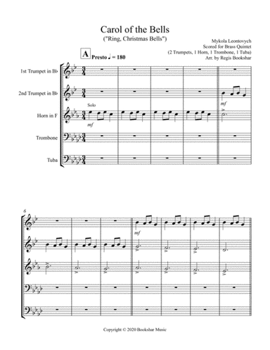 Carol of the Bells (F min) (Brass Quintet - 2 Trp, 1 Hrn, 1 Trb, 1 Tuba) (arr. Regis Bookshar)
