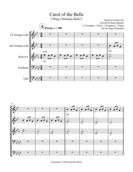 Carol of the Bells (F min) (Brass Quintet - 2 Trp, 1 Hrn, 1 Trb, 1 Tuba) (arr. Regis Bookshar)