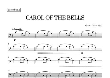 Carol of the Bells (Very Easy/Beginner) - A minor (for Trombone) (arr. Cadenza Editions)