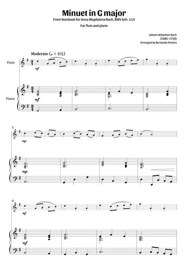 Minuet in G major (flute and piano – clean sheet music) (arr. Bernardo Pereira)