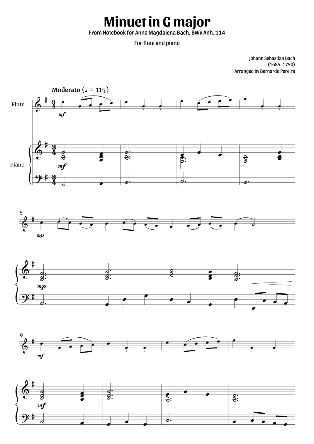 Minuet in G major (flute and piano – clean sheet music) (arr. Bernardo Pereira)