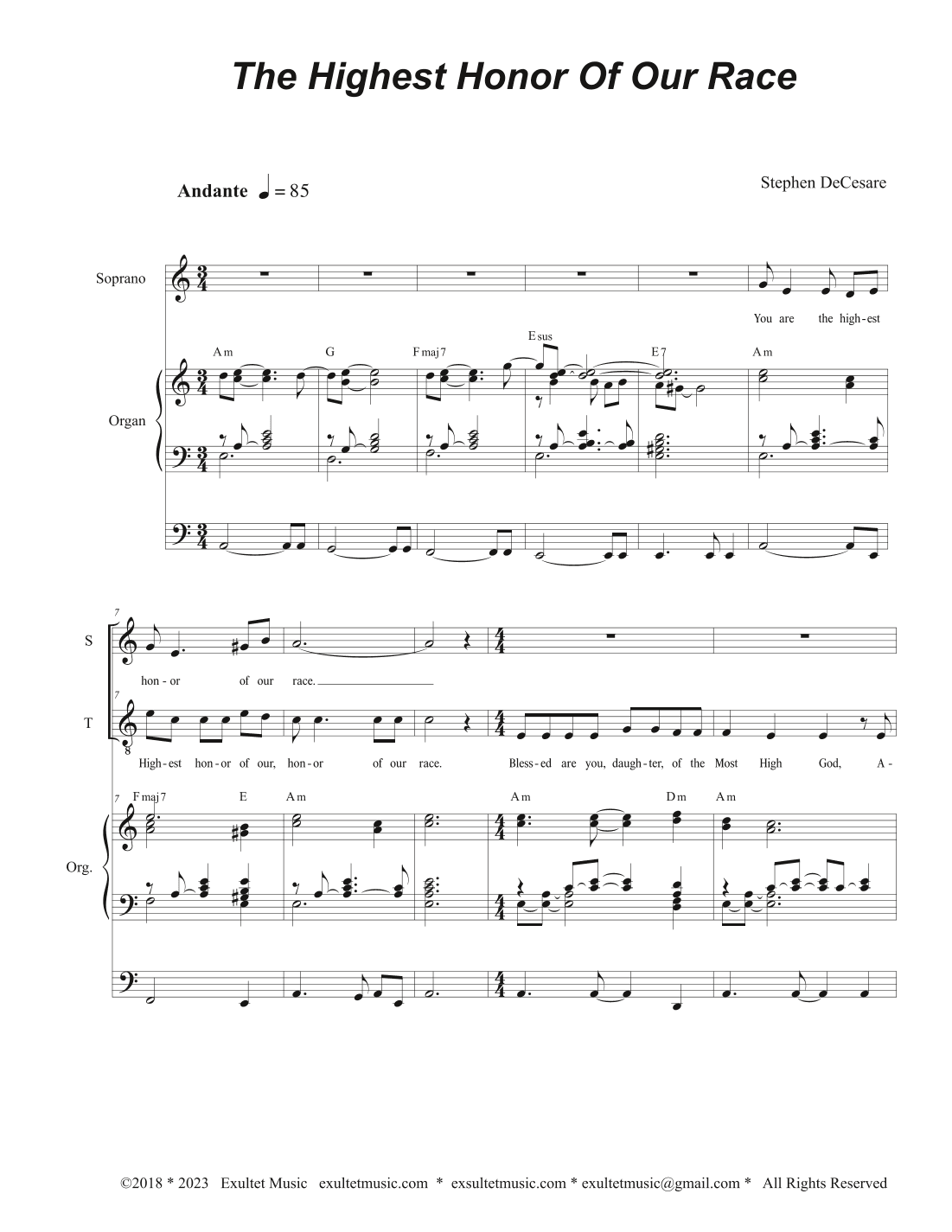The Highest Honor Of Our Race (Duet for Soprano and Tenor solo)