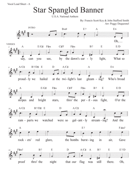 Star Spangled Banner (Key of A) (arr. Duquesnel Music Publishing)