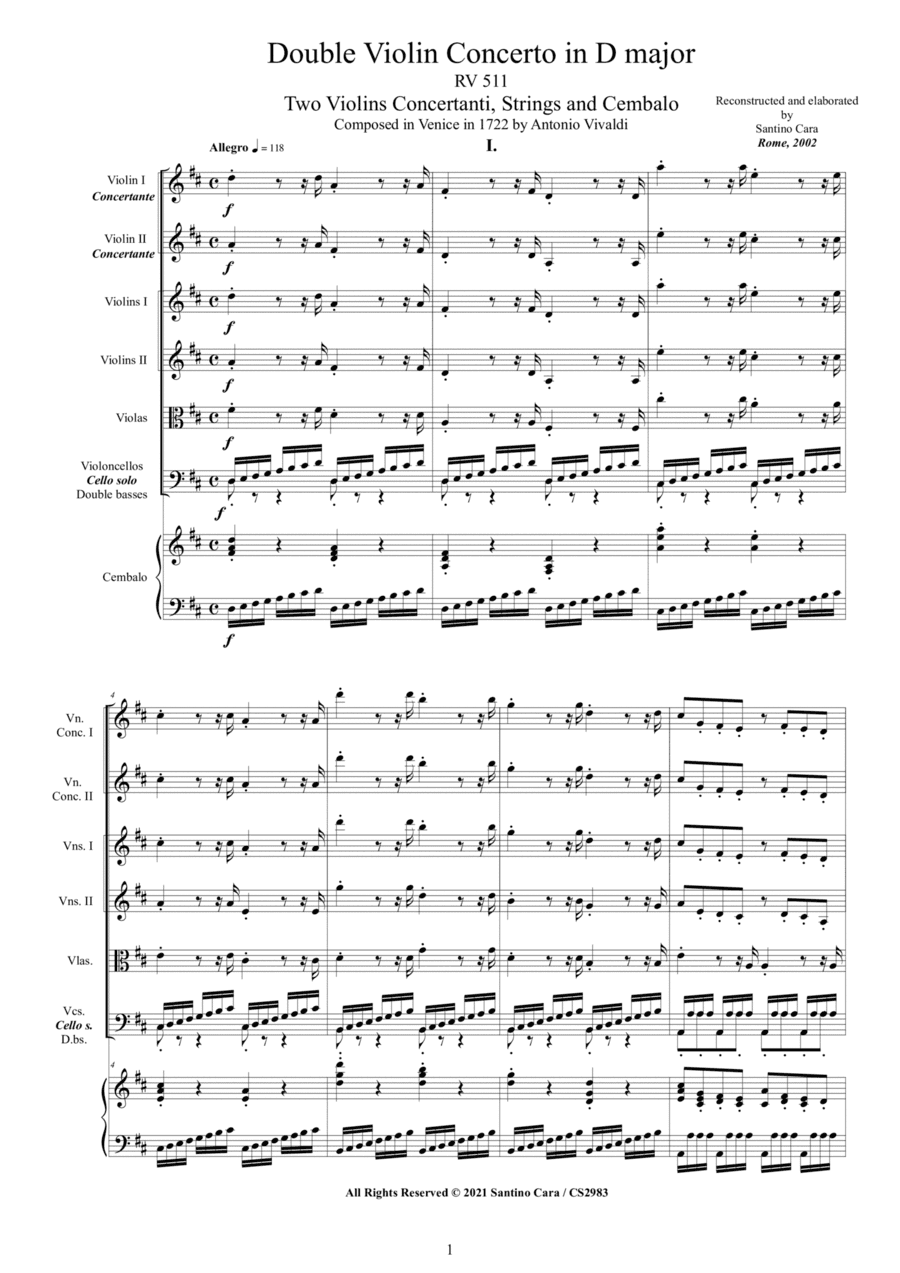 Vivaldi - Double Violin Concerto in D major RV 511 for Two Violins, Strings and Cembalo (arr. Santino Cara)