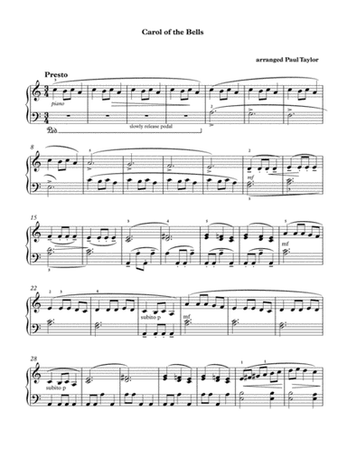 "Carol of the Bells"  for the late elementary pianist. (arr. Paul Taylor)