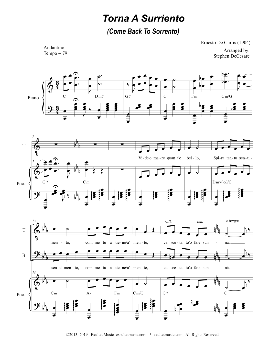 Torna A Surriento (Come Back to Sorrento) (2-part choir - (TB) (arr. Stephen DeCesare)