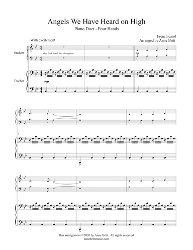 Angels We Have Heard on High (late elementary student/teacher piano duet, key of Bb) (arr. Anne Britt)