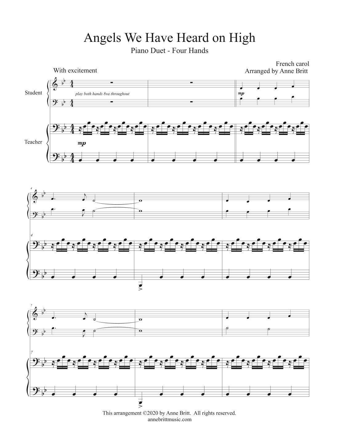 Angels We Have Heard on High (late elementary student/teacher piano duet, key of Bb) (arr. Anne Britt)