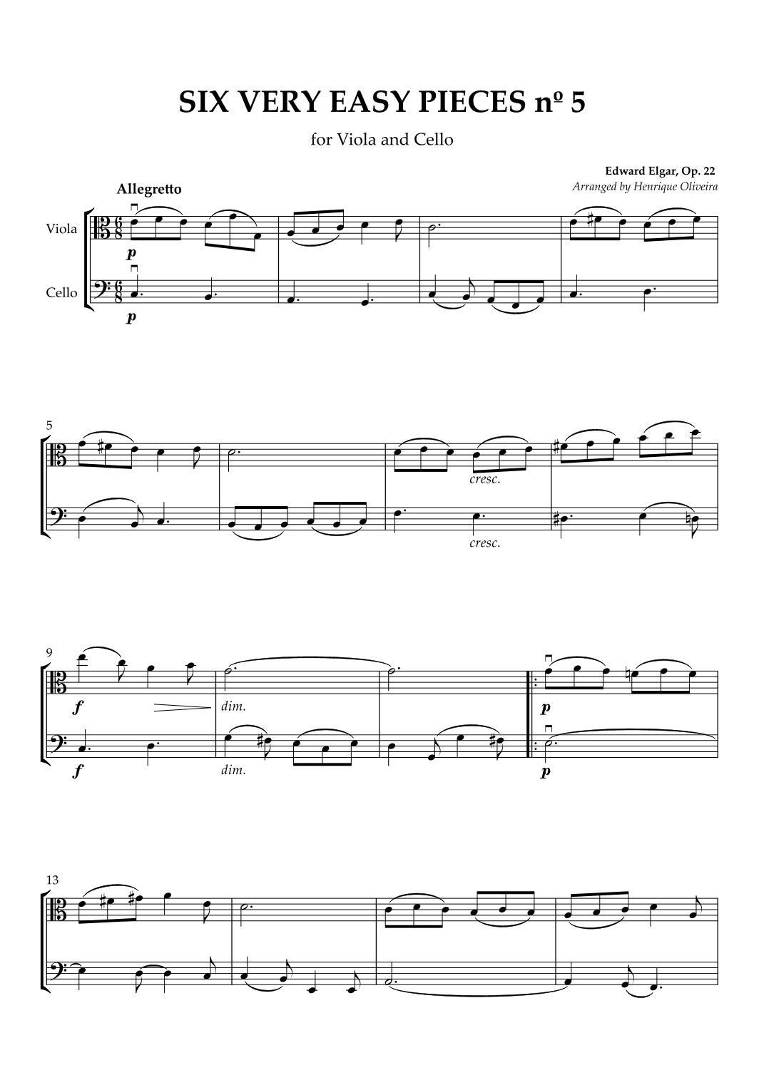 Six Very Easy Pieces nº 5 (Allegretto) - Viola and Cello (arr. Henrique Oliveira)