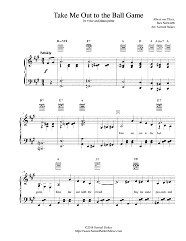 Take Me Out to the Ball Game - for piano/vocal with optional guitar (Key of A) (arr. Samuel Stokes)
