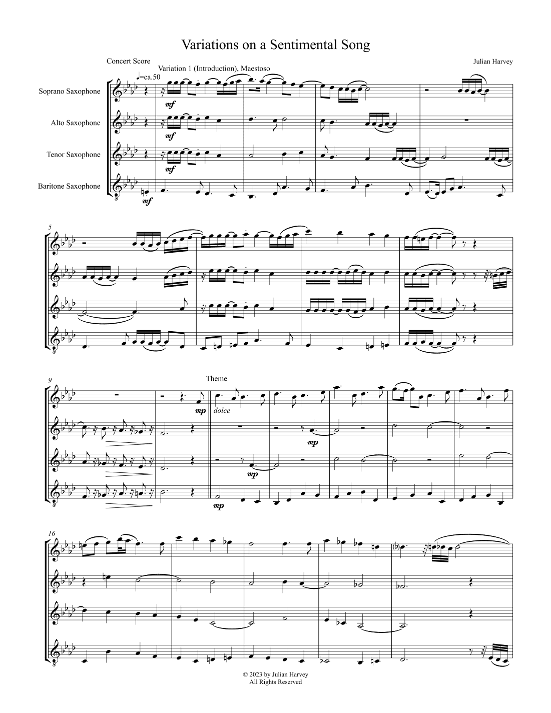 Variations on a Sentimental Song for Saxophone Quartet
