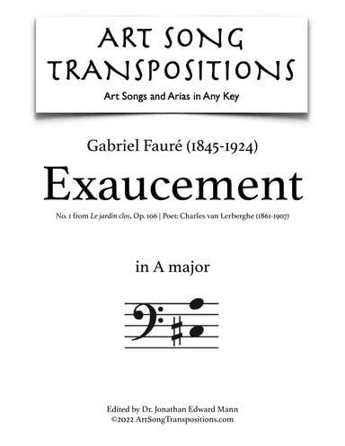FAURÉ: Exaucement, Op. 106 no. 1 (transposed to A major, bass clef) (arr. ArtSongTranspositions.com)