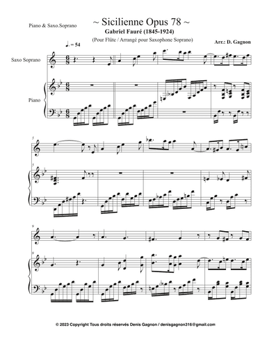 Sicilienne Opus 78 / (More Difficult Version Saxophone) (arr. D. Gagnon)