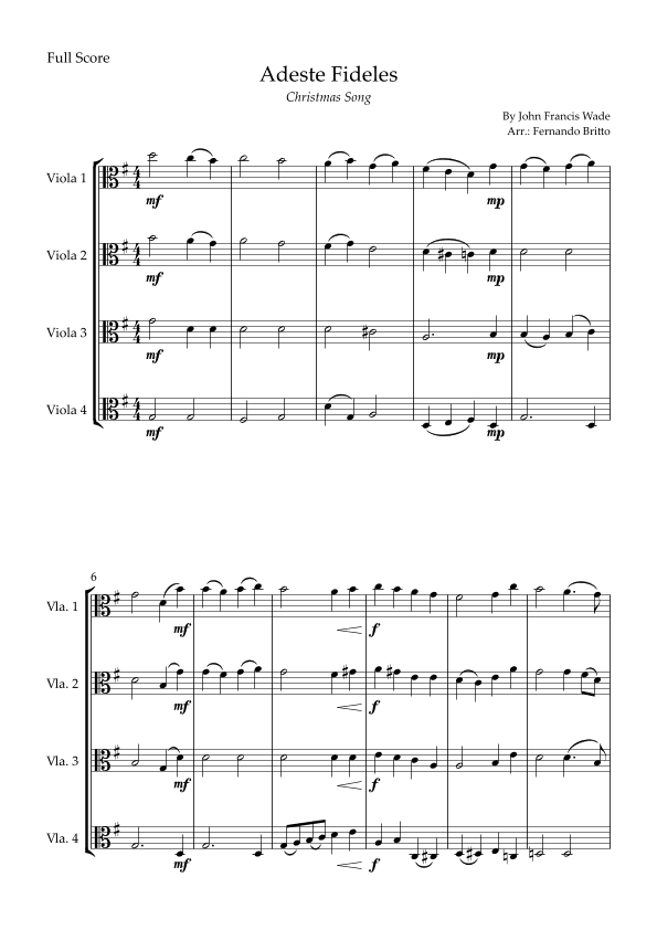 Adeste Fideles (Christmas Song) for Viola Quartet (arr. Fernando Britto)